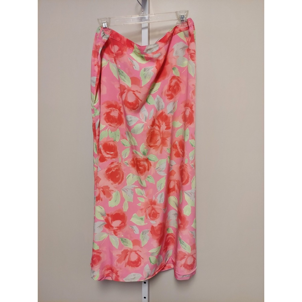 Vtg Y2K Pink Floral Rose Maxi Skirt XL Watercolor Cottagecore Romantic Graden